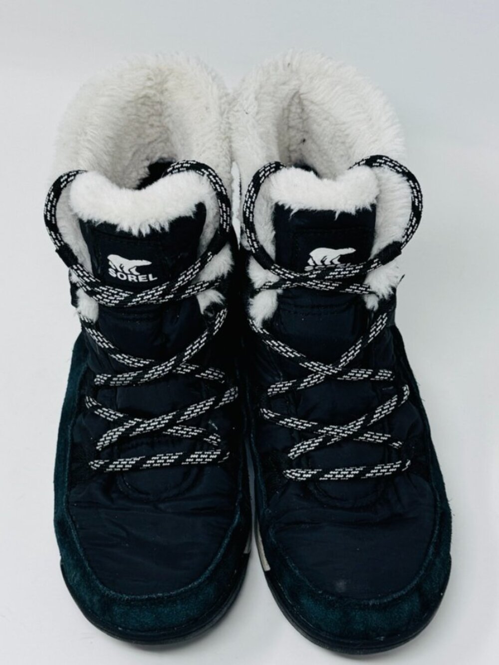 Sorel Womens Black Leather & Textile Faux fur lace up Snow Boot Size 6.5